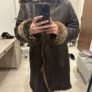 Danier Brown Leather Fur-Trimmed Coat